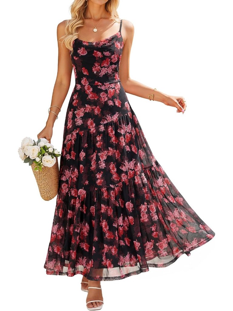 Women's New Black Boho Floral Sleeveless Maxi Mesh Strap Flowy Beach Dress